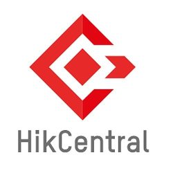 Ein rotes Logo mit einem stilisierten Buchstaben "H" und darunter der Schriftzug "HikCentral".