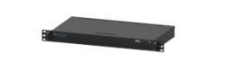 Ein schwarzes Server-Rack-Gehäuse mit einem schlichten Design, frontseitig ein Logo auf der linken Seite.