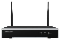 Ein schwarzer und silberner Hikvision-Router mit zwei Antennen und drei Knöpfen auf der Vorderseite.