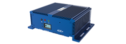 Blauer elektronischer Konverter mit Kühlrippen und einem kleinen Display auf der Vorderseite.
