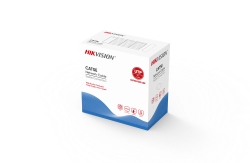 Eine Verpackung von Hikvision CAT5E Netzwerkkabeln für den Außenbereich, gekennzeichnet mit "UTP" und "hohe Leitfähigkeit durch sauerstofffreies Kupfer".