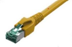 Ein gelbes Ethernet-Kabel mit einem RJ45-Stecker am Ende.