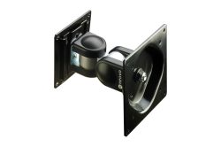 Ein schwarzer, verstellbarer Monitorarm von Neovo mit zwei Montagenflächen und Gelenkverbindungen.