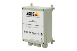 Schaltkasten von Axis Communications mit der Aufschrift "PS-24 Mains Power Adaptor" und mehreren Zertifizierungssymbolen auf der Vorderseite.