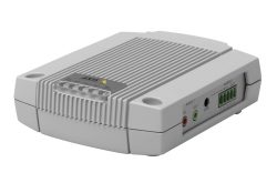 Ein graues elektronisches Gerät mit Eingangs- und Ausgangsanschlüssen für Audio, LEDs und einem Logo.