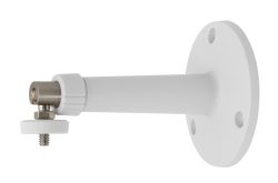 Weiße Wandhalterung mit rundem Montagefuß und einstellbarem Kippgelenk aus Metall.