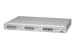 Ein silbernes Axis Communications Video-Rack mit mehreren Anschlüssen und Kontrollleuchten auf der Vorderseite.