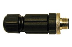 Ein schwarzer zylindrischer Steckverbinder mit einem metallischen Schraubanschluss am rechten Ende.