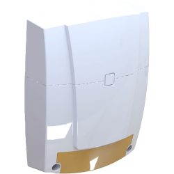 Ein weißes, rechteckiges Kunststoffgehäuse mit einem abgerundeten goldenen Bereich an der Unterseite, vermutlich ein elektrisches Gerät oder ein Gehäuse für technische Ausrüstung.