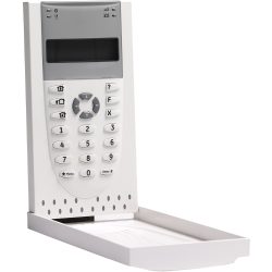 Ein modernes Tastaturbedienfeld mit einem LCD-Bildschirm, nummerierten Tasten und verschiedenen Funktionssymbolen, eingesetzt in einem weißen Rahmen.
