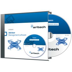 Verpackung und CD des "Aritech ATS8600 Advisor Management Software" mit blau-weißem Design und Logos für Einbruch, Video, Feuer und Zugang.