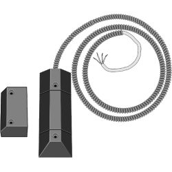 Magnetischer Türkontakt mit Schraublöchern und einem flexiblen, spiralförmigen Kabel.
