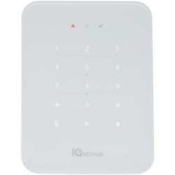 Ein weißes numerisches Tastenfeld mit den Zahlen 0 bis 9, Symbolen für Notdienst und Haus, sowie LEDs für Statusanzeigen, unter der Marke "IQ Keypad".