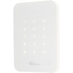 Weiße elektronische Tastatur mit beleuchteten Tasten, darunter die Zahlen 0 bis 9 und verschiedene Symbole, auf der "IQ Keypad" steht.