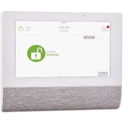 Ein Sicherheits-Bedienfeld zeigt auf dem Bildschirm ein grünes Symbol mit einem offenen Schloss und dem Text "SYSTEM DISARMED" an. Oben wird das Datum 16.10.22 und die Uhrzeit 11:15 AM angezeigt.