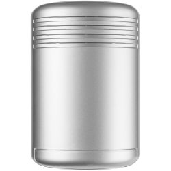 Silberne, rechteckige Zigaretten- oder Feuerzeugbox mit glatter Oberfläche und horizontalen Linien an der Oberseite.