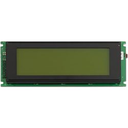Ein rechteckiges LCD-Displaymodul mit einem grünen Bildschirm, umgeben von einem schwarzen Rahmen, montiert auf einer grünen Leiterplatte.