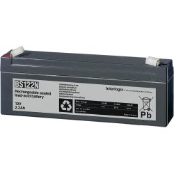 Versiegelter Bleiakku BS122N mit einer Spannung von 12V und einer Kapazität von 2,2Ah von Interlogix, gekennzeichnet als wartungsfrei und recycelbar.