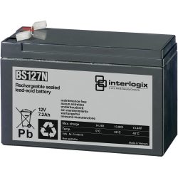 Eine wiederaufladbare, versiegelte Blei-Säure-Batterie des Modells BS127N von Interlogix, die 12V Spannung und 7,2Ah Kapazität bietet, mit Hinweis auf Wartungsfreiheit und Herstellung in Vietnam.