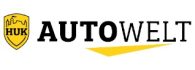 Logo von HUK Autowelt mit einem gelben Schild und einem stilisierten Stadtmotiv.