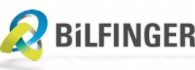 Logo des Unternehmens Bilfinger mit stilisierten, ineinander verschlungenen blauen und grรผnen Formen links neben dem Firmennamen in Grautรถnen.