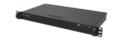 Ein schlanker, schwarzer Server in einem Rack-Gehäuse mit Betriebsanzeigen vorne.
