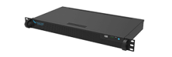 Ein schlanker, schwarz-grauer Rackserver mit blauen LED-Anzeigen und Markenlogo auf der Vorderseite.