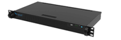 Ein schwarzes Servergerät in einem Rackmount-Gehäuse mit mehreren Anschlüssen und Statusleuchten auf der Vorderseite.