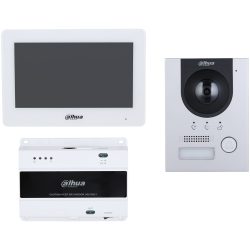 Ein Video-Türsprechanlagen-Set von Dahua bestehend aus einem weißen Monitor, einem silbernen Türlautsprecher mit Kamera und einer weißen Basisstation.