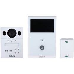 Ein Video-Türsprechanlagen-Set bestehend aus einer Kamera mit Lautsprecher und Mikrofon, einem Monitor mit Display und Bedienelementen sowie einem kleinen, rechteckigen Gerät.