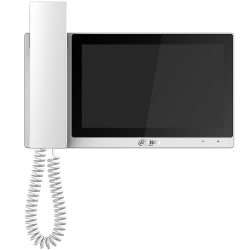 Weißes Video-Türsprechanlagen-Display mit einem Hörer und einem großen Bildschirm, Marke "Dahua" am unteren Rand.