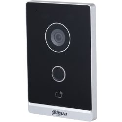 Schwarze Video-Türklingel von Dahua Technology mit Kamera und Mikrofon auf silbernem Rahmen.
