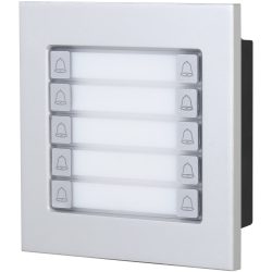 Silberne Türsprechstelle mit sechs Klingelknöpfen, jeweils mit einem Glockensymbol, in einem rechteckigen Design.