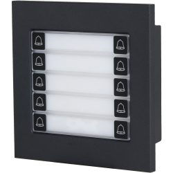 Ein schwarzes Klingelmodul mit sechs horizontal ausgerichteten Namensschildern, jeweils mit einem Schellen-Symbol versehen.