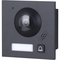 Schwarze Video-Türklingel mit Kamera, Lautsprecher und Türknopf mit Glockensymbol auf der Vorderseite.