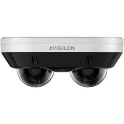 Eine Überwachungskamera von Avigilon mit zwei kuppelförmigen Objektiven und einem weißen Gehäuse.