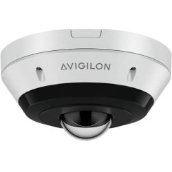 Eine runde Sicherheitskamera von Avigilon mit einem oberen weißen Gehäuse und einer darunterliegenden, kuppelförmigen Linse in Schwarz.