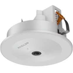 Weiße Avigilon Sicherheitskamera mit runder Linse und Halterung zur Deckenmontage.