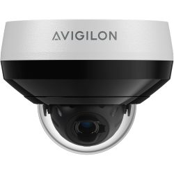 Sicherheitskamera von Avigilon mit einem runden Gehäuse, das oben weiß und unten schwarz ist, und einem sichtbaren Objektiv in der Mitte.