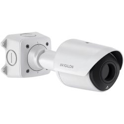 Weiße Überwachungskamera von Avigilon mit einem zylindrischen Gehäuse und rechteckiger Halterung.