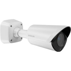 Eine weiße Überwachungskamera von Avigilon mit einer zylindrischen Form und einem schwarzen Kameraobjektiv, befestigt an einer Wandplatte.