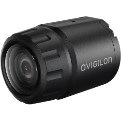Eine schwarze Avigilon Kamera mit zylindrischem Design und einem hervorgehobenen Objektiv auf der linken Seite.