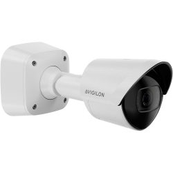 Weiße Sicherheitskamera der Marke Avigilon in einer zylindrischen Form mit einer dunklen Linse und einem rechtwinkligen Montagearm.