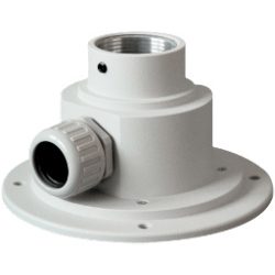 Weiße Metallhalterung für Überwachungskameras mit mehreren Befestigungslöchern und einem abgerundeten Design.