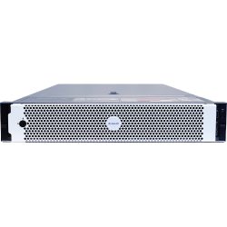 Ein weißer Avigilon-Server mit einem perforierten Gitter auf der Frontseite, Einschaltknopf links und Markenname in der Mitte, in einer Standard-Rack-Gehäuseform.