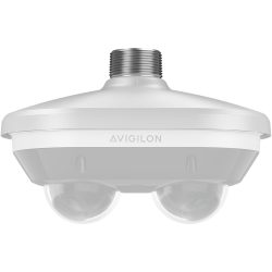 Eine weiße Überwachungskamera von Avigilon mit zwei halbkugelförmigen Linsen an der Unterseite.