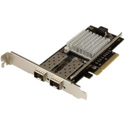 Eine Netzwerkschnittstellenkarte mit zwei SFP+-Anschlüssen und einem Kühlkörper, die über eine PCIe-Schnittstelle verfügt.