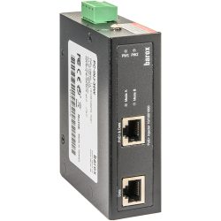 Ein schwarzes Barox PoE-Injektor-Gerät mit zwei Ethernet-Ports und grünem Anschlussstecker auf der Oberseite, mit Beschriftung und technischen Informationen auf der Seite.