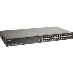 Schwarzer Netzwerk-Switch mit mehreren Ethernet- und SFP-Anschlüssen auf der Vorderseite, Modell "barox RY-LGSP28-28" mit 24 x 10/100/1000 TX PoE und 4 x 1/10G SFP Ports.