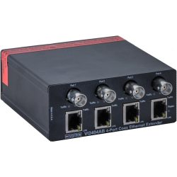 Ein Vi2404AB Vigitron 4-Port-Coax-Ethernet-Extender in schwarzem Gehäuse mit vier BNC-Anschlüssen und vier Ethernet-Ports, für die Erweiterung von Ethernet-Netzwerken über Koaxialkabel, abgebildet.